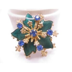 vintage green blue leaf enamel rhinestone Christmas snowflake brooch pin 0292